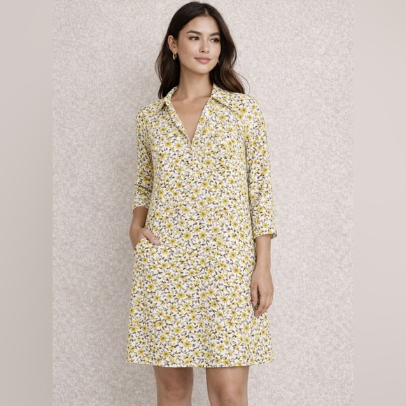 New York & Company Dresses & Skirts - Imperfect yellow floral pocket dress vneck pointed collar lined bright bohemian
